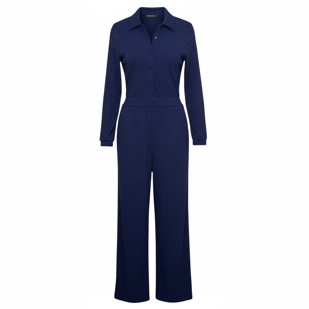 Collared Navy Long-Sleeve Jumpsuit